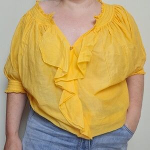 Diane von Furstenberg Yellow Gauzy Cotton Ruffle Short Sleeve Blouse Size 10